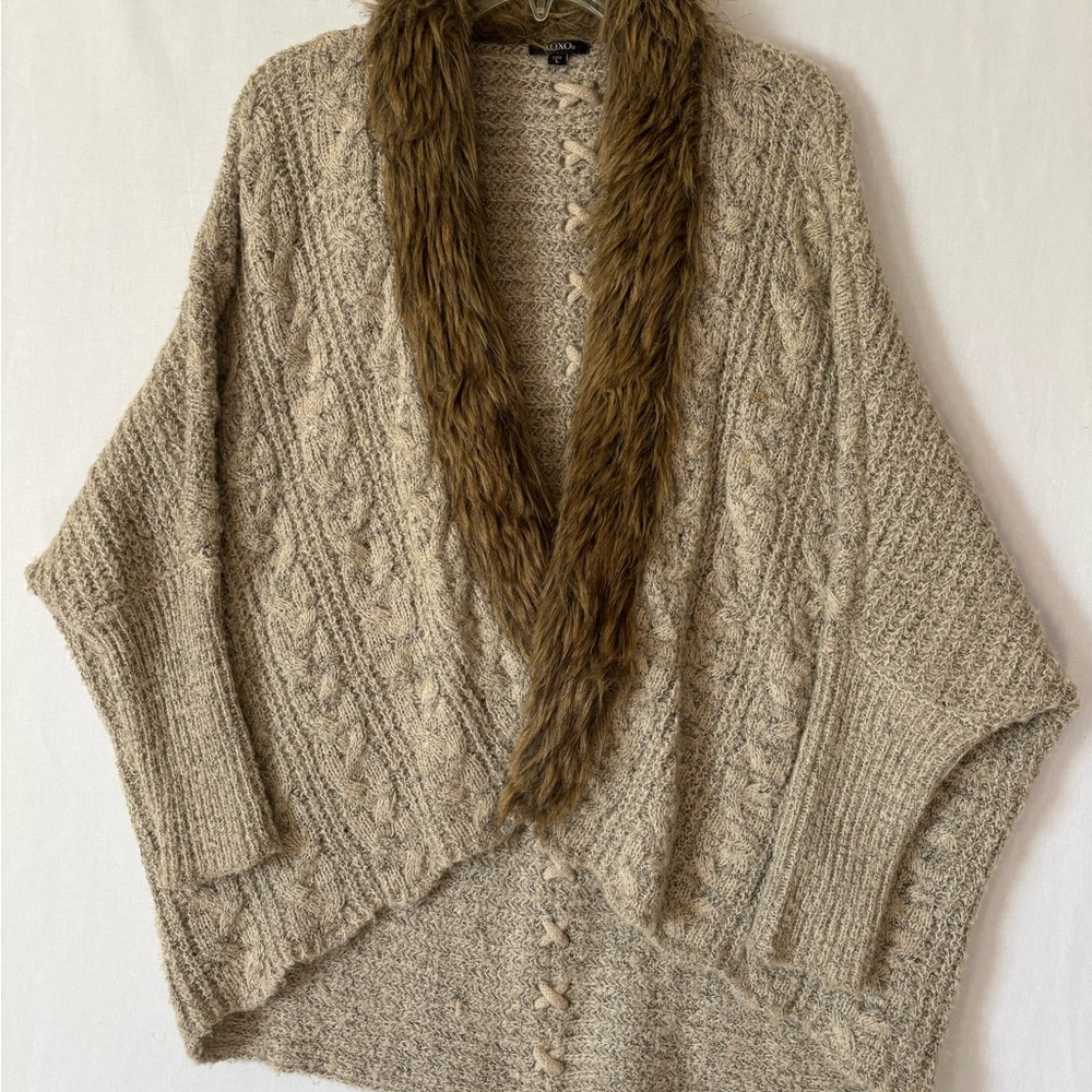 XOXO Beige Knit Poncho with Brown Faux Fur Trim